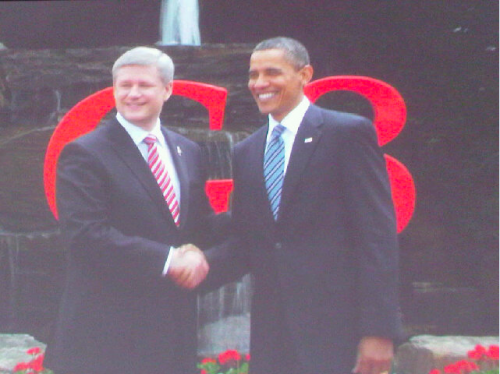 Canadian Prime Minister Stephen Harper welcomes President Obama to the G8
