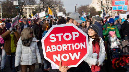 An anti-abortion protestor holds up a sign