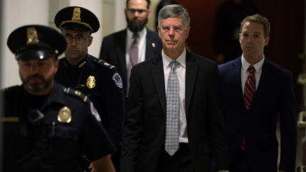 WASHINGTON, DC - OCTOBER 22: Bill Taylor (C), the top U.S. diplomat to Ukraine, arrives at a closed session before the House Intelligence, Foreign Affairs and Oversight committees October 22, 2019 at the U.S. Capitol in Washington, DC. Taylor was on Capitol Hill to testify to the committees for the ongoing impeachment inquiry against President Donald Trump. (Photo by Alex Wong/Getty Images)