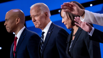 Democratic presidential hopefuls US Senator from New Jersey Cory Booker, Former Vice President Joe Biden and US Senator from California Kamala Harris