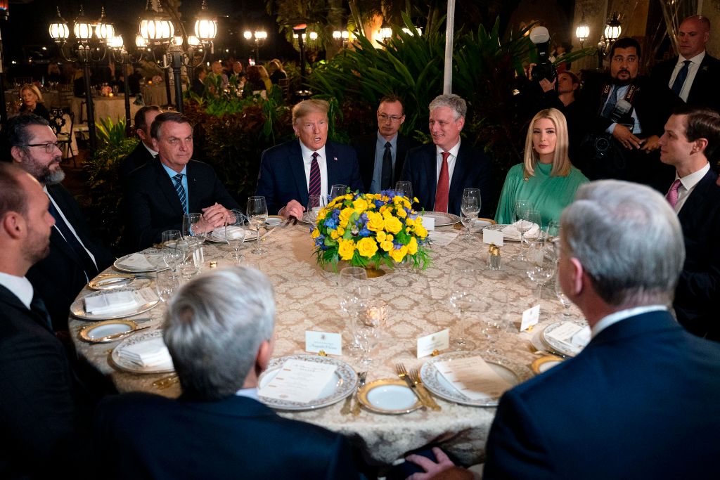 President Donald Trump meets with Brazilian President Jair Bolsonaro and his delegation at Mar-A-Lago, March 7, 2020.