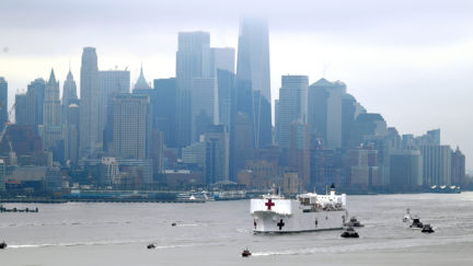 Navy Hospital Ship USNS Comfort travels up the Hudson River as it heads to Pier 90 as the coronavirus pandemic continues to overwhelm medical infrastructure. Docked at Pier 90 on the West Side of Manhattan the hospital ship will provide another thousand beds for non-COVID-19 patients.