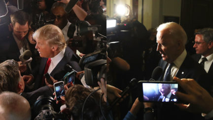 Donald Trump and Joe Biden speaking to reporters.
