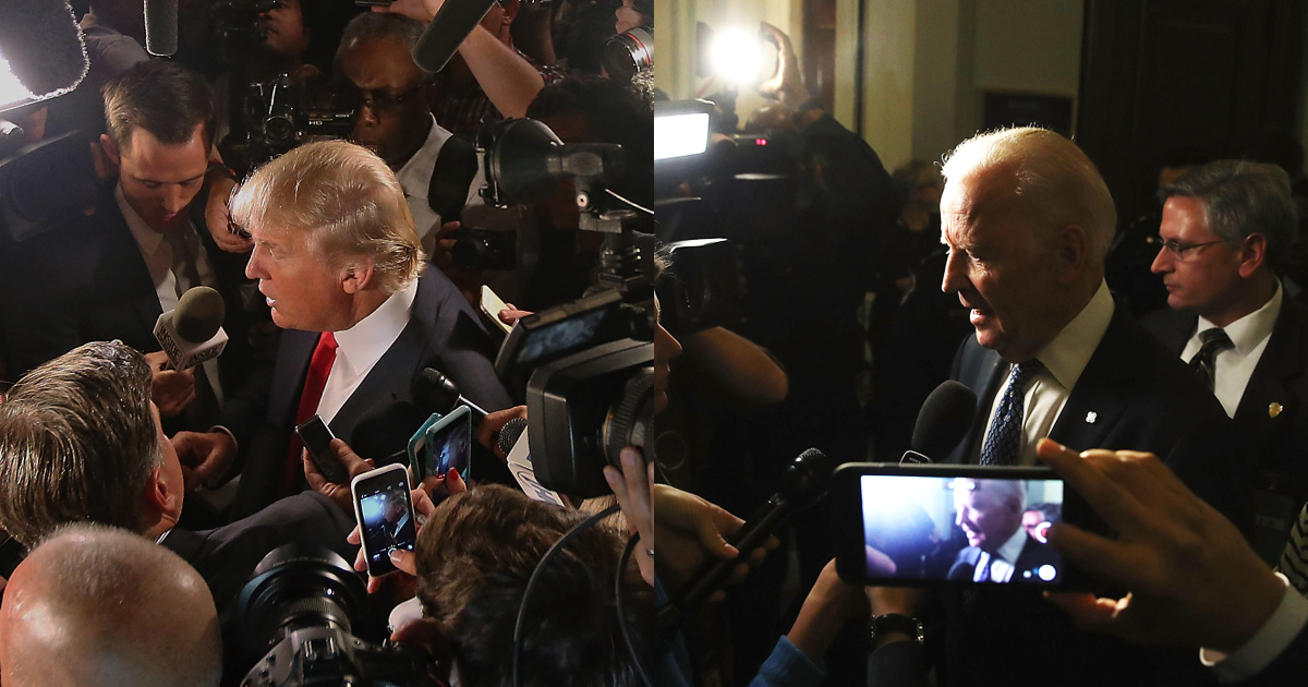 Donald Trump and Joe Biden speaking to reporters.