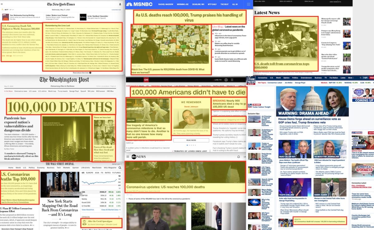 How News Orgs Home Page Covered the 100,000 Deaths Milestone