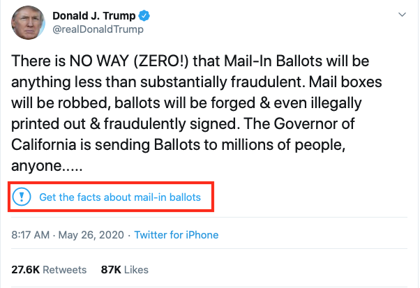 Twitter Flags Trump's Baseless Claims About Fraud in Mail-In Voting