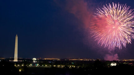 fireworks erupt over the National Mall on July 4, 2012 in Washington, DC.