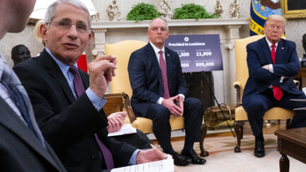 Dr. Anthony Fauci discusses early results of testing the drug Remdesivir during a meeting with U.S. President Donald Trump and Louisiana Gov. John Bel Edwards