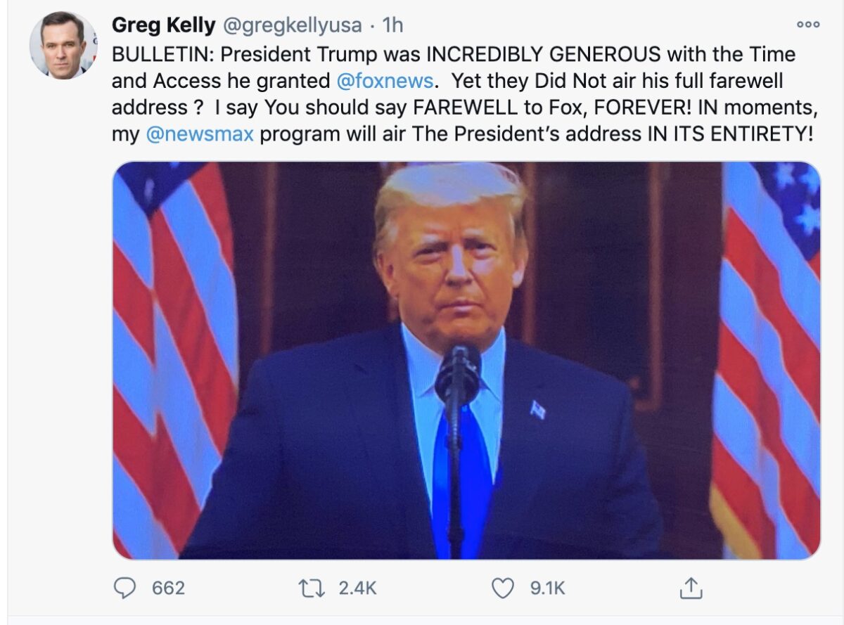 Newsmax's Greg Kelly Falsely Claims Fox News Didn't Show Trump's Farewell Address
