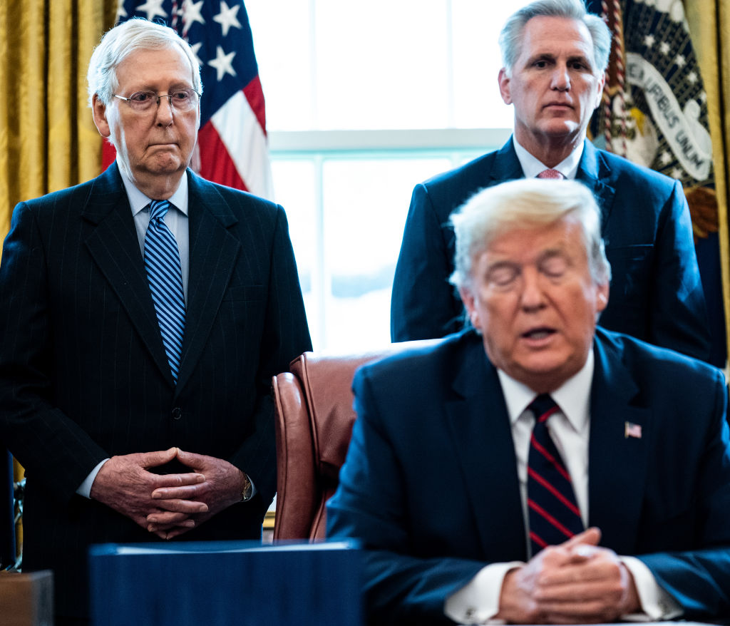 Sen. Mitch McConnell (left) and Rep. Kevin McCarthy (right) with President Donald Trump in the Oval Office