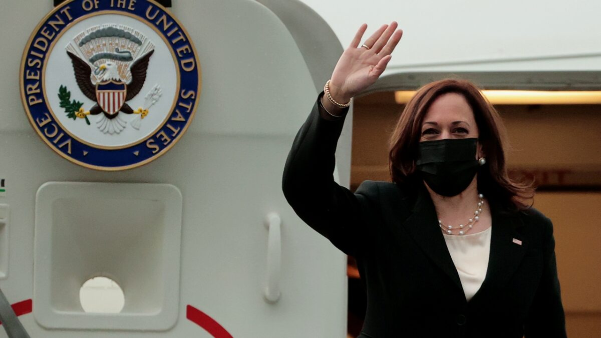 MEXICO CITY, MEXICO - JUNE 08: U.S. Vice President Kamala Harris acknowledges those assembled before boarding Air Force Two at Benito Juarez International Airport on June 08, 2021 in Mexico City, Mexico. The vice president was concluding her first trip abroad in an effort to address migration, declaring the need to assert control over the southern border but taking criticism for the stance at home. (Photo by Hector Vivas/Getty Images)