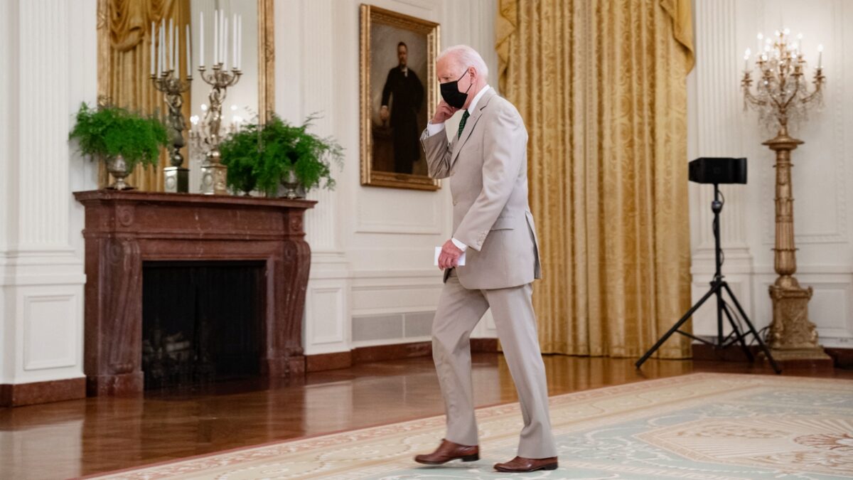 US President Joe Biden arrives to speak about the July jobs reports in the East Room of the White House in Washington, DC, on August 6, 2021. - The US economy added 943,000 new jobs in July, according to government data released on August 6, as hard-hit industries continued to return to normal. The result was shy of the million jobs some economists had been expecting, but enough to push the unemployment rate down a half a point to 5.4 percent, the Labor Department reported. (Photo by SAUL LOEB / AFP) (Photo by SAUL LOEB/AFP via Getty Images)