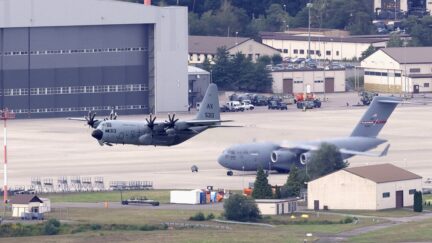 RAMSTEIN-MIESENBACH, GERMANY - AUGUST 26: A general view of the Ramstein Air Base of the United States Air Force on August 26, 2021 in Ramstein-Miesenbach, Germany. Ramstein has become one of the main preliminary destinations for evacuees leaving Afghanistan on U.S. military flights. U.S. forces there have built a temporary shelter and are preparing to accept up to 10,000 people. Evacuations by a multitude of nations of their citizens and endangered Afghans are ongoing as the Taliban warn against extending foreign military presence in Afghanistan beyond August 31.