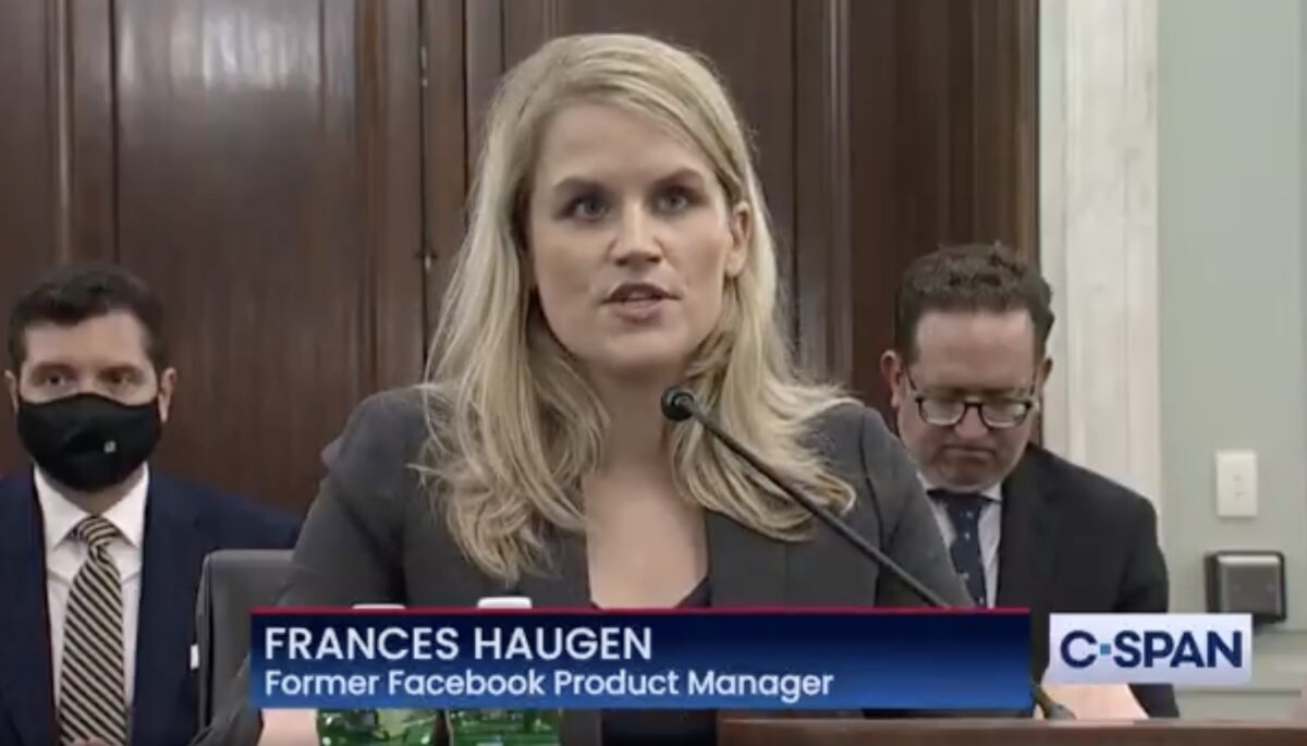 Facebook whistleblower Frances Haugen testifying in front of Senate committee