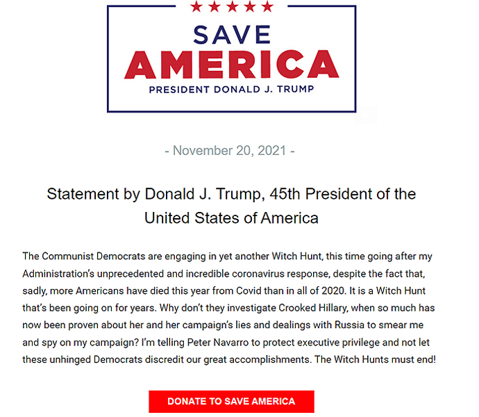 Donald Trump Statement on Peter Navarro Subpoena 11-20-21