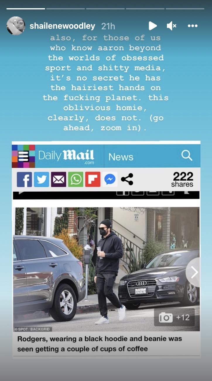 Shailene Woodley Instagram story about Aaron Rodgers