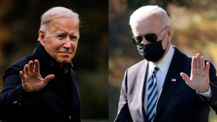 Biden not wearing a mask and wearing mask at different times.