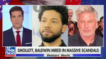 Jesse Watters next to images of Jussie Smollett and Alec Baldwin