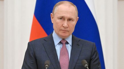 Russia's President Vladimir Putin attends a press conference with his Belarus counterpart, following their talks at the Kremlin in Moscow on February 18, 2022