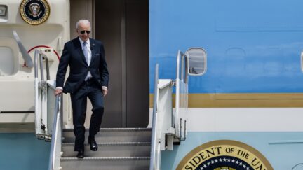 PORTLAND, OR - APRIL 21: U.S. President Joe Biden exits Air Force One before delivering remarks on infrastructure at the Portland Air National Guard Base on April 21, 2022 in Portland, Oregon. The speech marks the beginning of the presidents multi-day trip to the Northwest, with stops in Portland and Seattle Washington. (Photo by Nathan Howard/Getty Images)