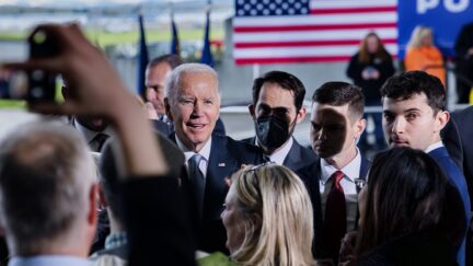 PORTLAND, OR - APRIL 21: U.S. President Joe Biden takes photos with the crowd after delivering remarks on infrastructure at the Portland Air National Guard Base on April 21, 2022 in Portland, Oregon. The speech marks the beginning of the president's multi-day trip to the Northwest, with stops in Portland and Seattle Washington. (Photo by Nathan Howard/Getty Images)