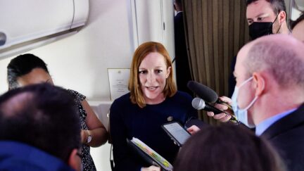 White House Press Secretary Jen Psaki speaks to reporters aboard Air Force One on May 6, 2022, as US President Joe Biden travels to Ohio. (Photo by OLIVIER DOULIERY / AFP) (Photo by OLIVIER DOULIERY/AFP via Getty Images)