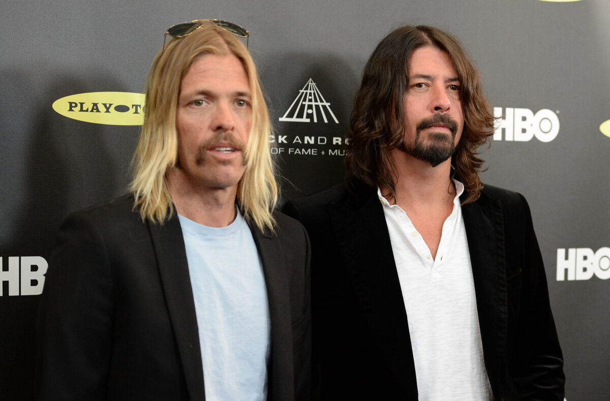 Taylor Hawkins and Dave Grohl of Foo Fighters at 28th Annual Rock And Roll Hall Of Fame Induction Ceremony - Arrivals