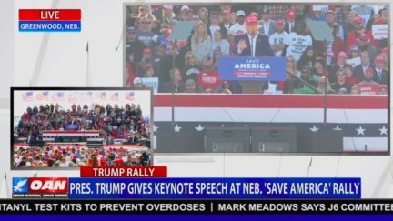 OAN screen capture of Trump speaking during Nebraska Save America rally