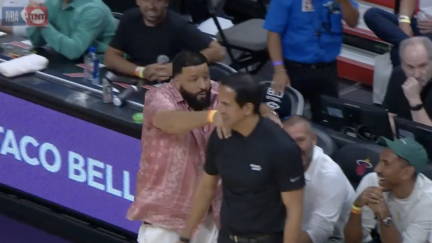 DJ Khaled Gives Heat Coach Shoulder Rub