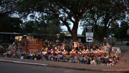UVALDE, TEXAS - JUNE 03: A memorial dedicated to the victims of the mass shooting at Robb Elementary School on June 3, 2022 in Uvalde, Texas. 19 students and two teachers were killed on May 24 after an 18-year-old gunman opened fire inside the school. Wakes and funerals for the 21 victims are scheduled throughout the week. (Photo by Alex Wong/Getty Images)