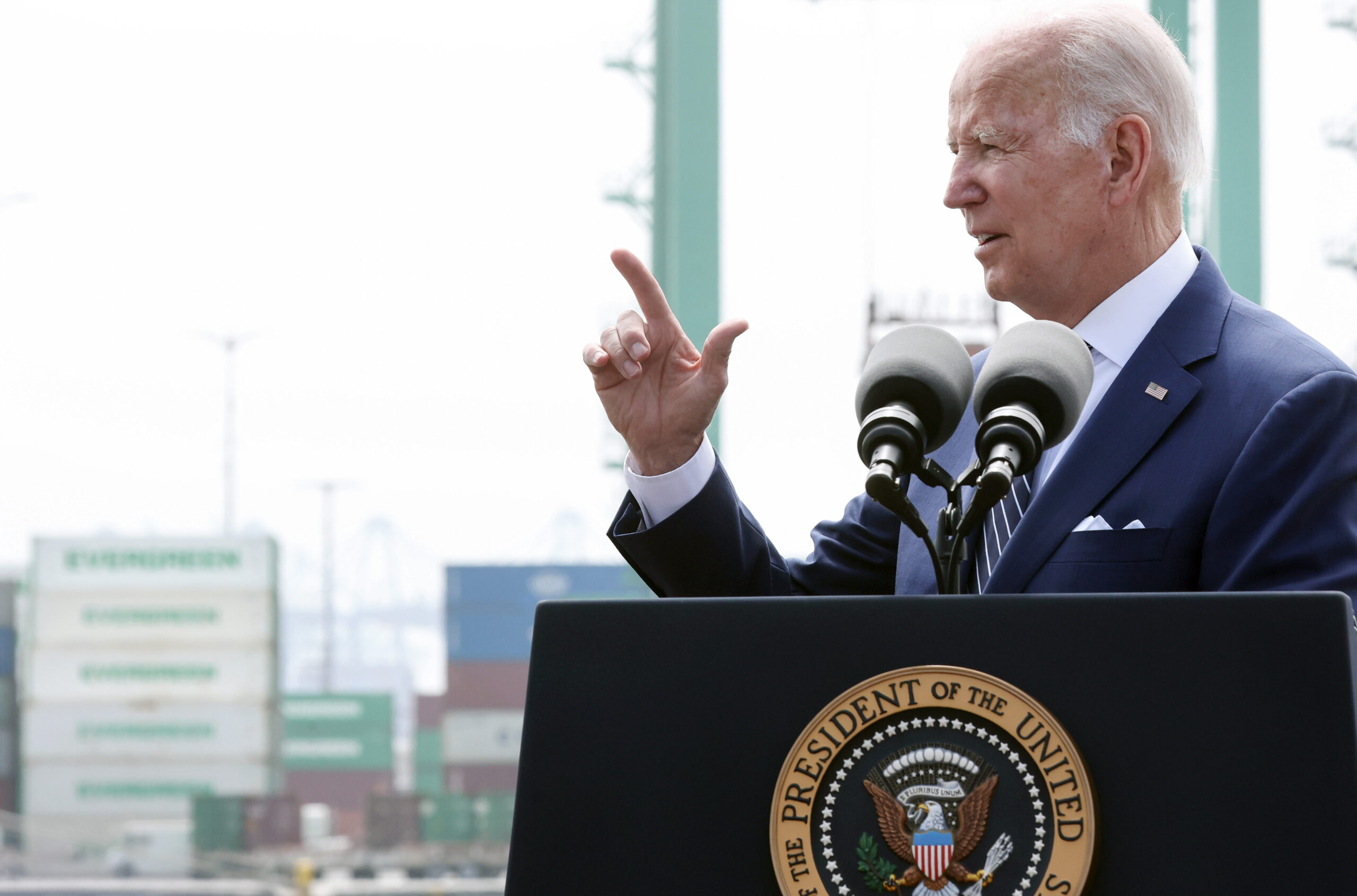 LOS ANGELES, CALIFORNIA - JUNE 10: U.S. President Joe Biden delivers remarks aboard the Battleship USS Iowa Museum at the Port of Los Angeles on June 10, 2022 in Los Angeles, California. Biden is in the Los Angeles area while taking part in the IX Summit of the Americas. Leaders from North, Central, and South America traveled to Los Angeles for the summit to discuss issues such as trade and migration. The United States is hosting the summit for the first time since 1994 when it took place in Miami. (Photo by Mario Tama/Getty Images)
