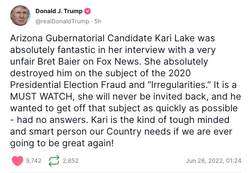 Trump Praises Kari Lake for Combative Interview with Very Unfair Bret Baier