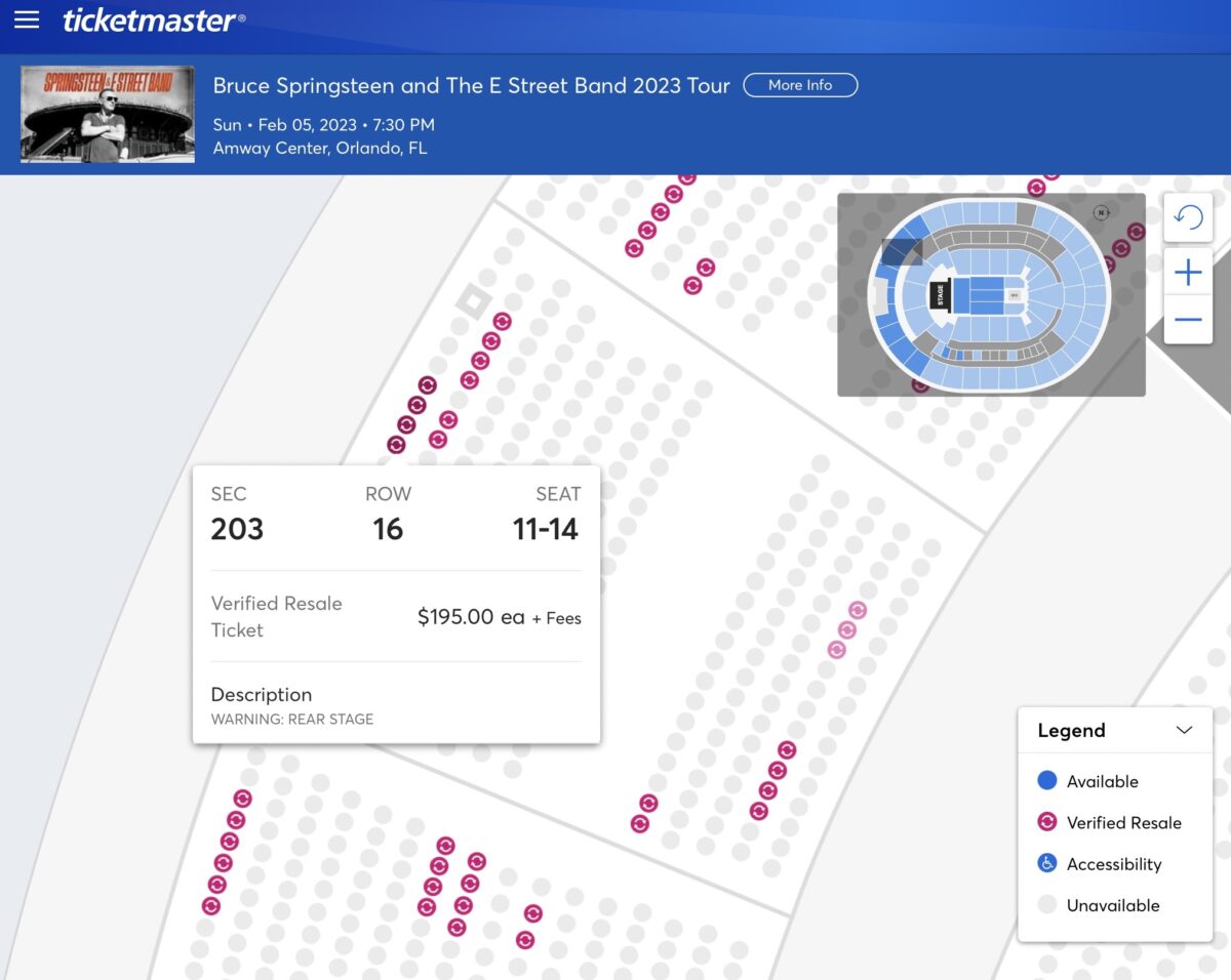 Ticketmaster screenshot for Springsteen tickets in Orlando Florida 2023 tour