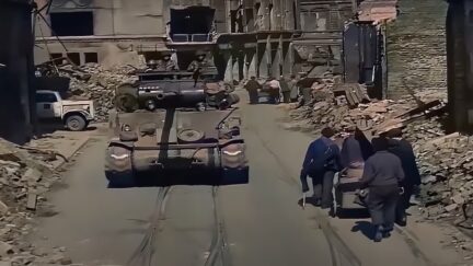 U.S. tank rolling into Germany town in 1945