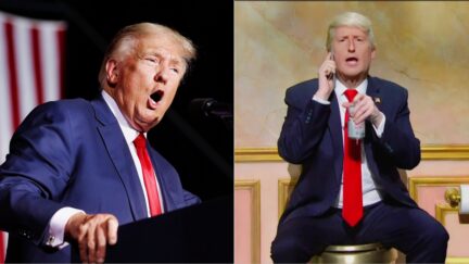 Trump Lashes Out at SNL After Cold Open Roasts Him On Gold Toilet - Predicts 48-Year Run About To End Getthy split image