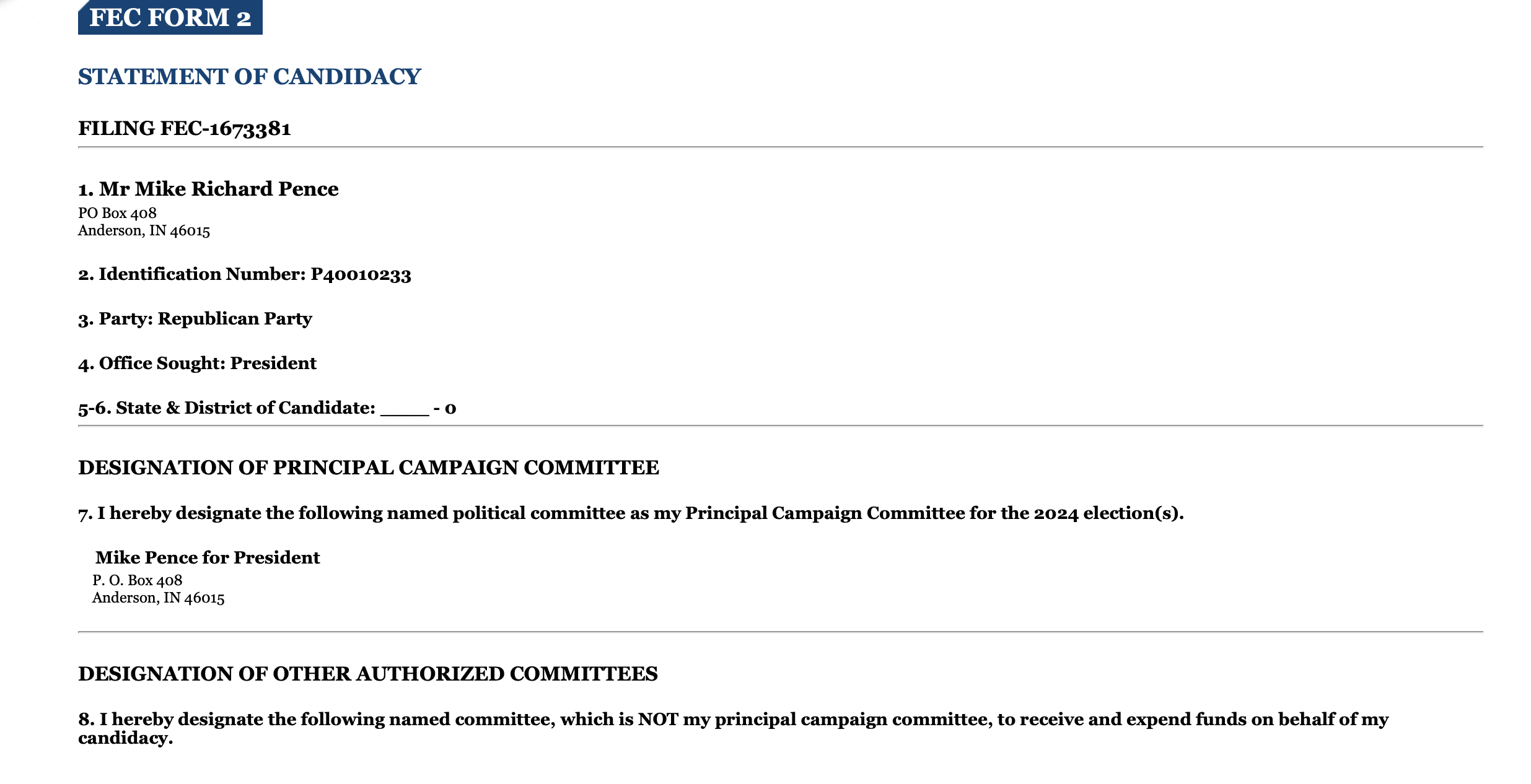 FEC Paperwork Declaring Mike Pence a 2024 Candidate Dupes Twitter