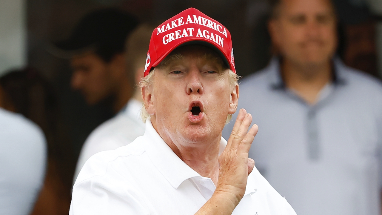 STER, NJ - JULY 31: Former President Donald Trump yells over to the crowd at the 16th tee during the 3rd round of the LIV Golf Invitational Series Bedminster on July 31, 2022 at Trump National Golf Club in Bedminster, New Jersey.
