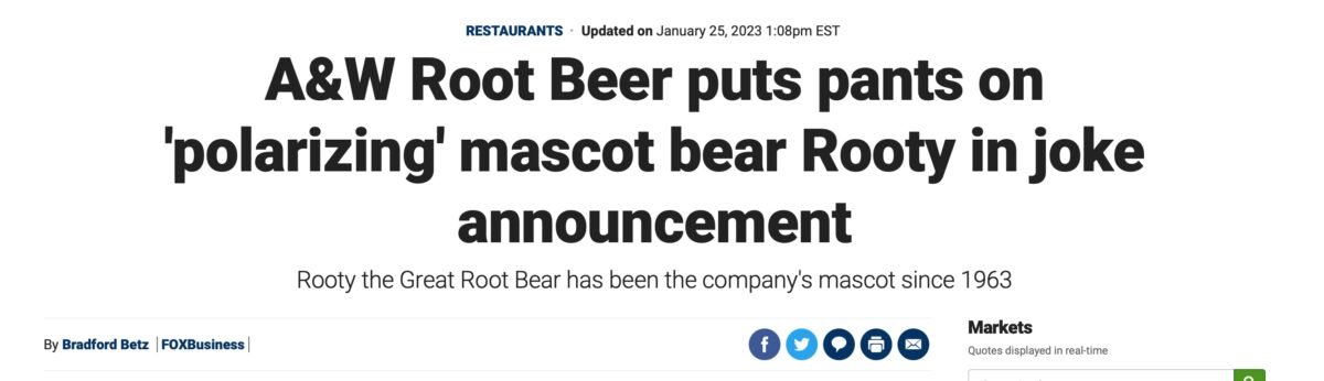 A&W Restaurants puts pants on 'polarizing' mascot bear Rooty in joke  announcement