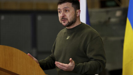 Ukrainian President Volodymyr Zelensky speaks during a visit to the UK