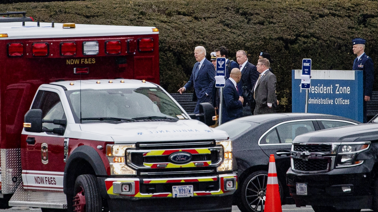 US President Joe Biden departs Walter Reed National Military Medical Center in Bethesda, Maryland, US, on Thursday, Feb. 16, 2023. Biden received a regular check-up at the medical center, according to the White House, a medical appointment that will draw attention to his age and fitness as he considers a reelection bid. Photographer: