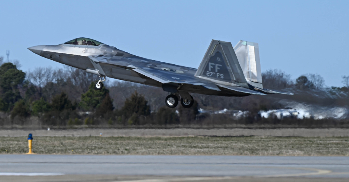 An F-22 Raptor takes off from Joint Base Langley-Eustis