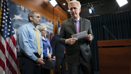 House Republican Leader Kevin McCarthy, D-Calif., right, joined from left by, Rep. Jim Jordan, R-Ohio, a member of the House Judiciary Committee, and Republican Conference chair Rep. Liz Cheney, R-Wyo., finishes a news conference where he criticized House Speaker Nancy Pelosi, D-Calif., and the Democrats for launching a formal impeachment inquiry against President Donald Trump, at the Capitol in Washington, Wednesday, Sept. 25, 2019.