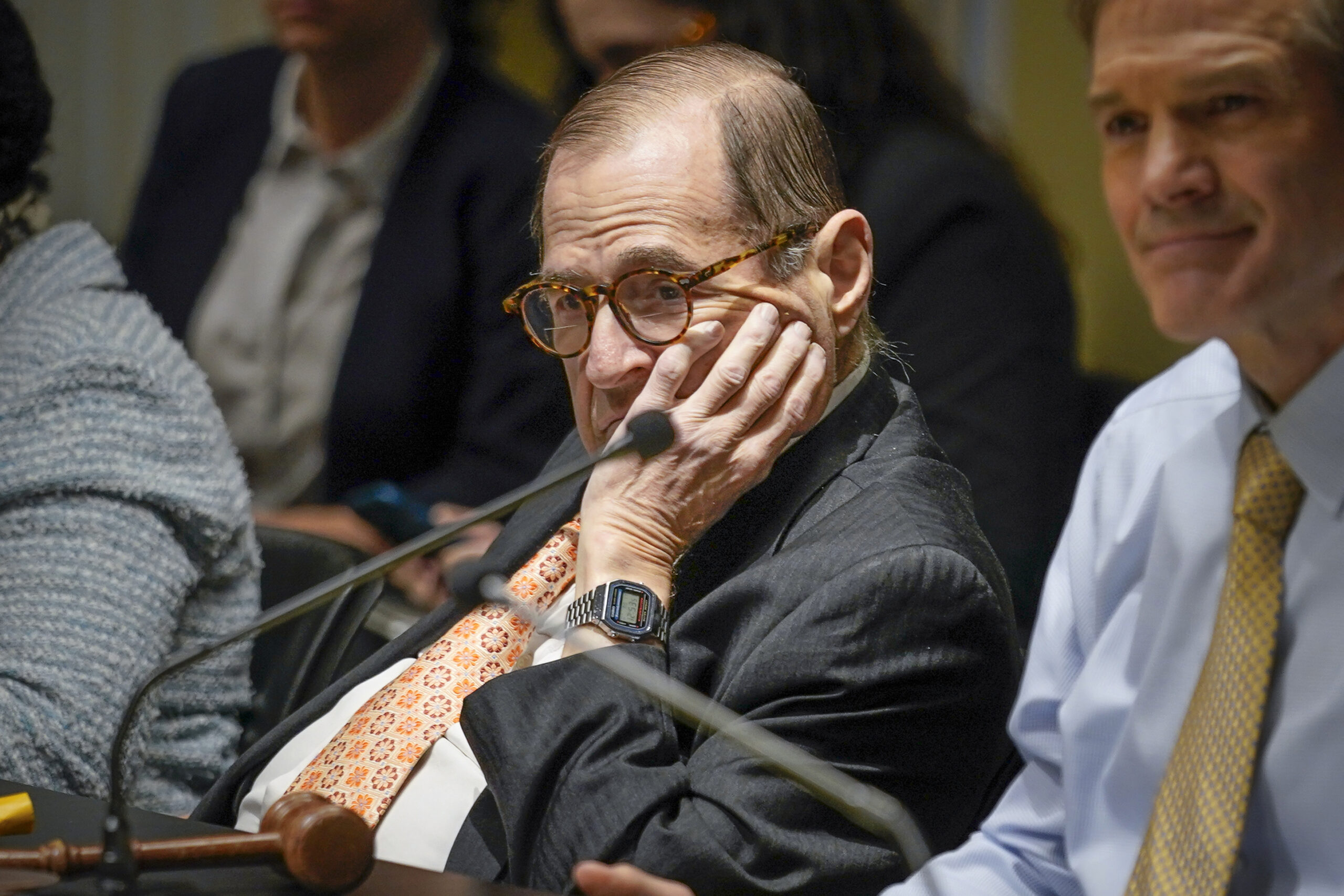 Rep. Jerry Nadler, D-N.Y., listens to proceedings alongside House Judiciary Committee Chair Jim Jordan, R-Ohio, right, during a House Judiciary Committee Field Hearing, Monday, April 17, 2023, in New York. Republicans upset with former President Donald Trump's indictment are escalating their war on Manhattan District Attorney Alvin Bragg who charged him, trying to embarrass him on his home turf. 