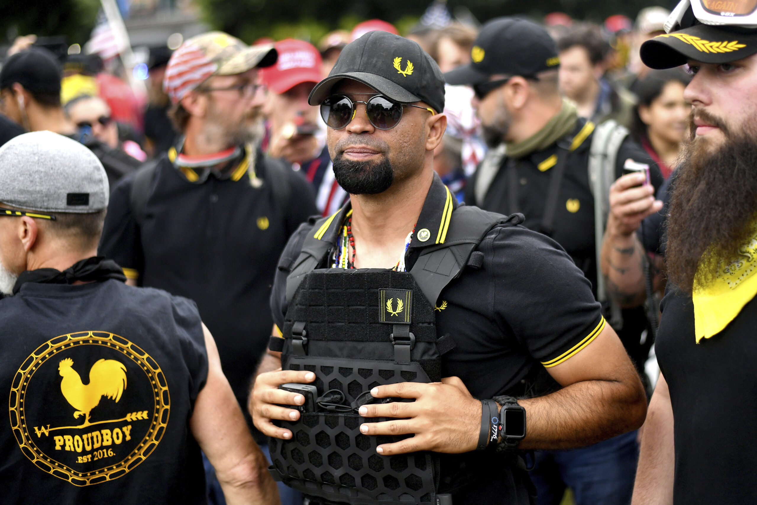 FILE - Proud Boys chairman Enrique Tarrio rallies in Portland, Ore., on Aug. 17, 2019. A federal jury is scheduled to hear a second day of attorneys’ closing arguments in the landmark trial for former Proud Boys extremist group leaders charged with plotting to violently stop the transfer of presidential power after the 2020 election.