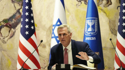 U.S. Speaker of the House Kevin McCarthy speaks during a joint statement with his Israeli counterpart, Amir Ohana, Israel's Parliament or Knesset Speaker, for his visit to the Knesset, in Jerusalem, Monday, May 1, 2023.