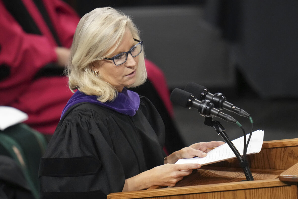 Former U.S. Rep. Liz Cheney, R-Wyo., delivers the commencement address at Colorado College, Sunday, May 28, 2023, in Colorado Springs, Colo.