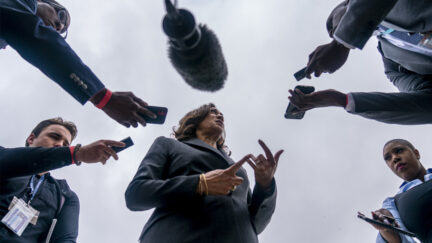 Vice President Kamala Harris speaks to reporters