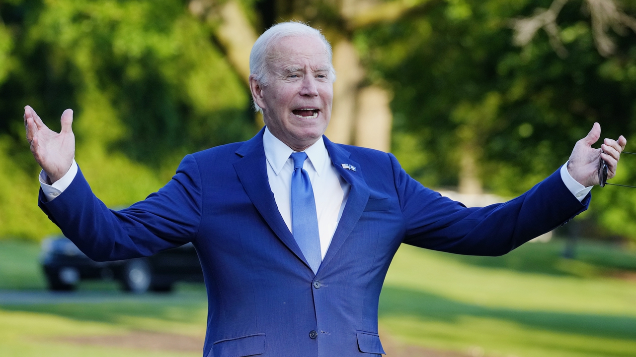 President Joe Biden says "I got sandbagged" in talking about falling earlier in the day at the U.S. Air Force Academy, as he walks from Marine One