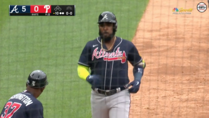 Atlanta Braves outfielder Marcell Ozuna rounds the bases after a 10th-inning home run