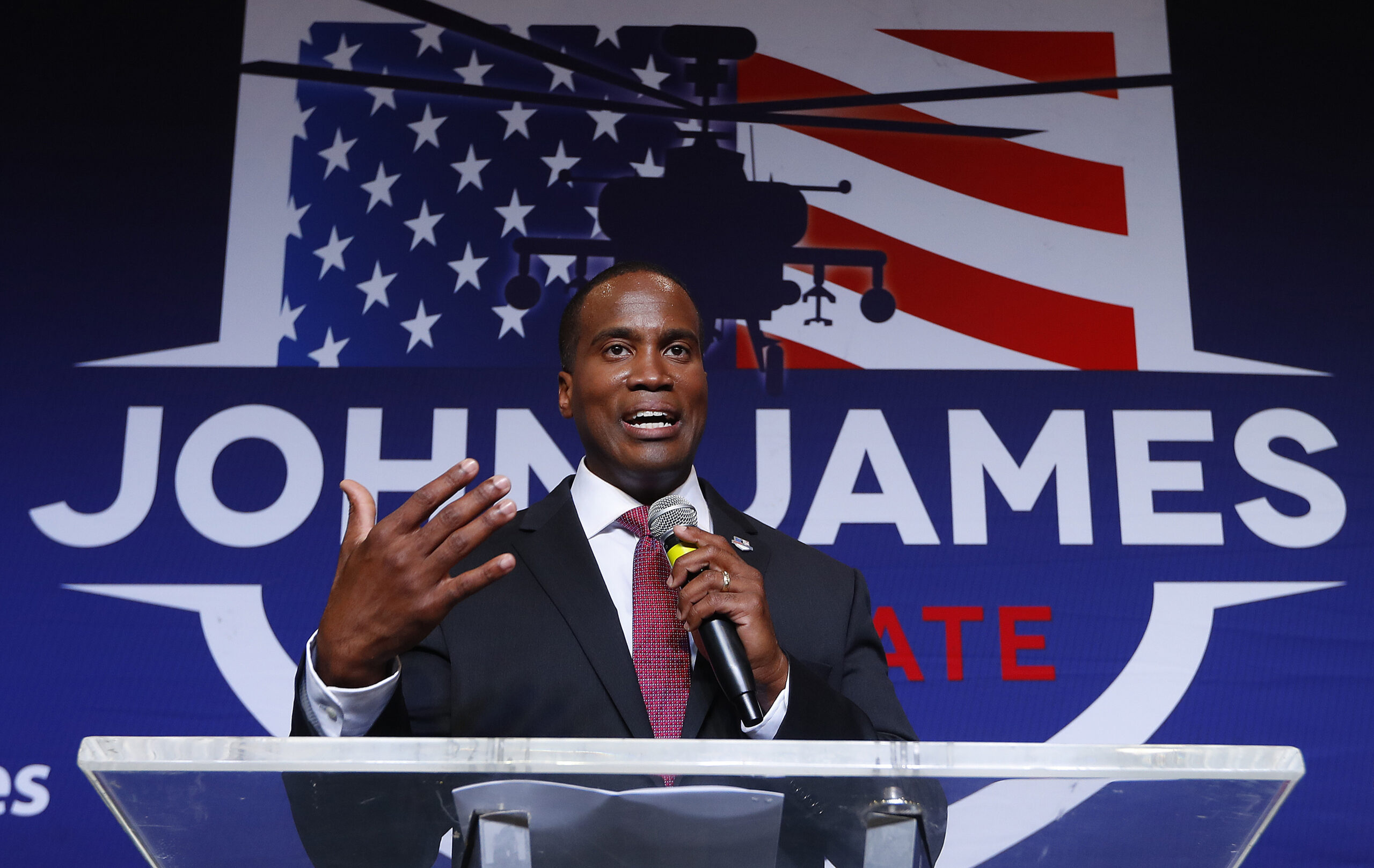 Republican U.S. Senate candidate John James speaks at a primary night election party in Detroit, Tuesday, Aug. 7, 2018. 